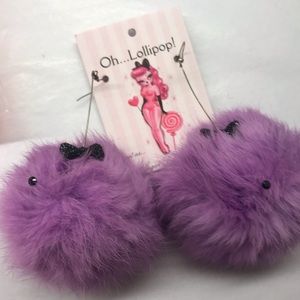 Purple fur barbie fur big 3” pom pom earrings sterling silver dangle Marilyn